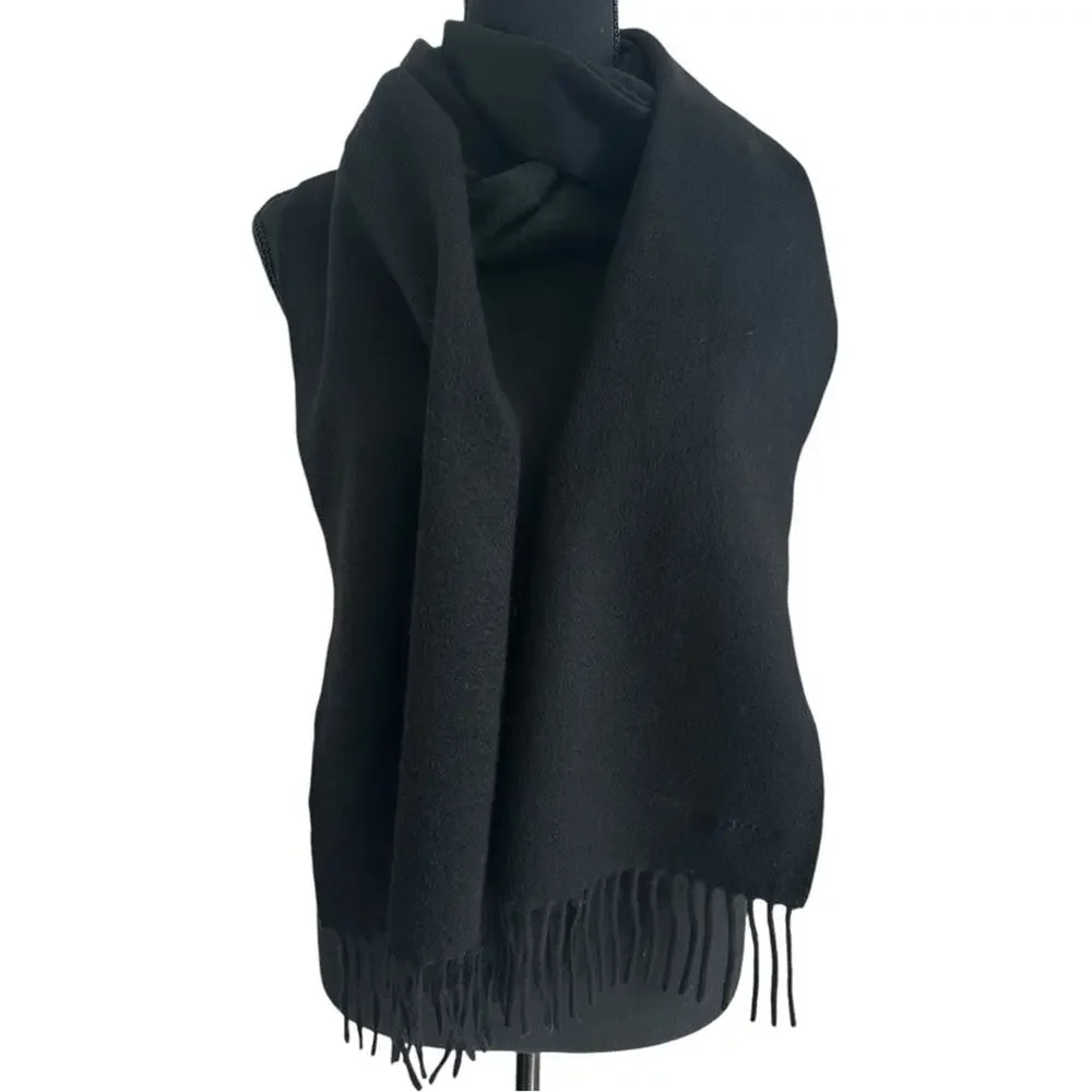 Bottega Veneta Black Logo Stamped Scarf w/ Fringe Ends Wool Cashmere Authentic
